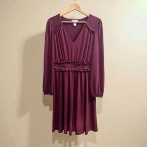 London Times Burgundy Midi Dress Long Sleeve V Neck Shirred Cocktail Work Sz 10